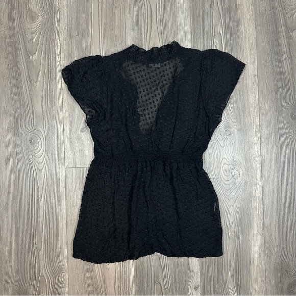 BCBG MaxAzria Black Sheer Polka Dot Flutter Sleeve Smocked Waist Blouse Size S - Picture 4 of 7